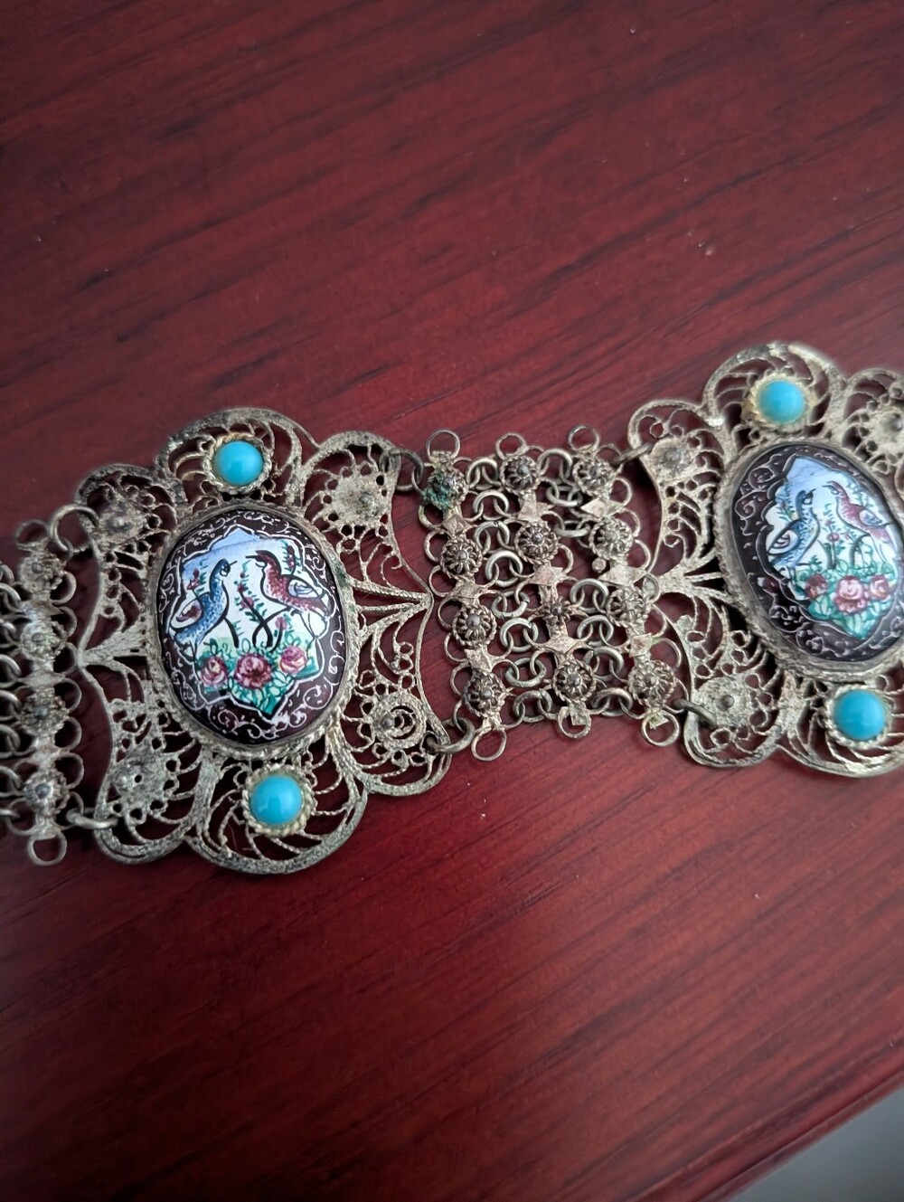 Vintage Persian/Iranian Filigree Bracelet Hand Painted Enamel Bird Deer Panels - Picture 5 of 9